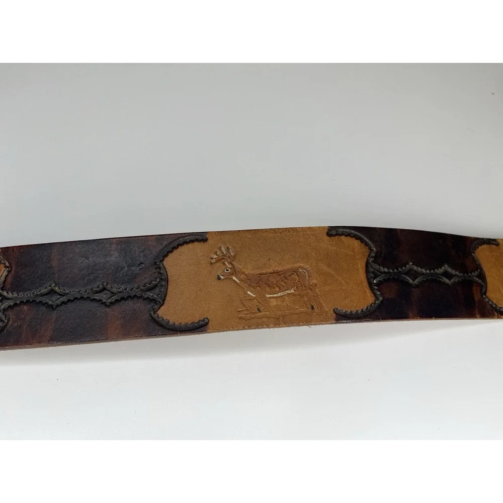 Steven L Knight Buckle Solid Bronze w/ Burned Leather Belt Turkey Bear Deer Hunt